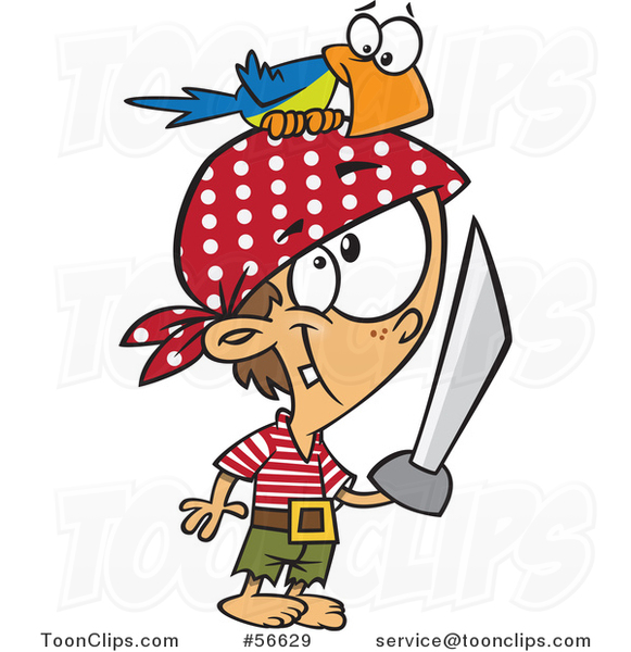 Cartoon White Pirate Boy with a Sword and Parrot on His Head