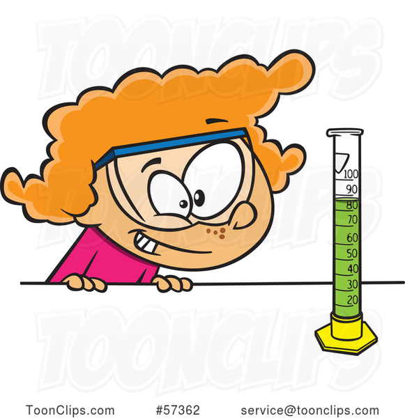 Cartoon White School Girl Looking at a Science or Chemistry Cylinder