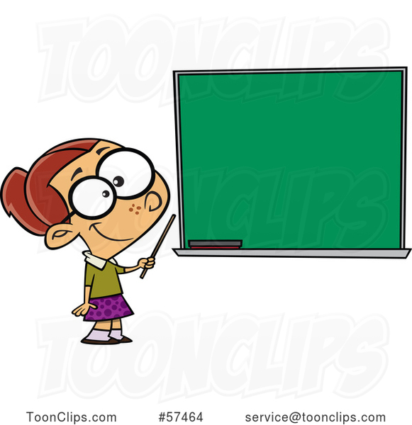 Cartoon White School Girl Pretending to Be a Teacher, Standing by a Chalk Board