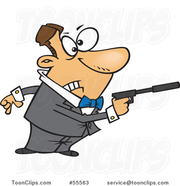 Cartoon White Secret Angent Pointing a Gun with a Silencer