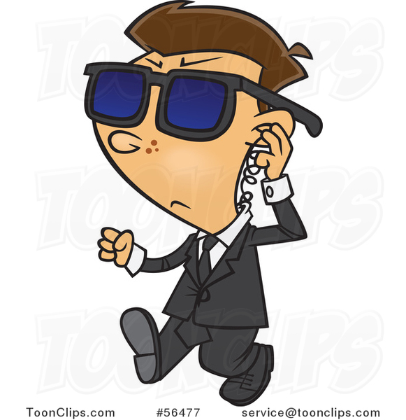Cartoon White Security Boy Walking and Adjusting an Ear Piece