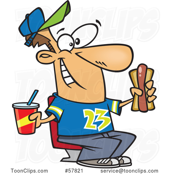 Cartoon White Sports Fan with a Soda and Hot Dog at a Ball Game