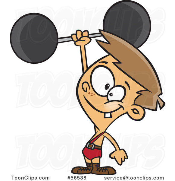 Cartoon White Strong Boy Holding up a Barbell One Handed