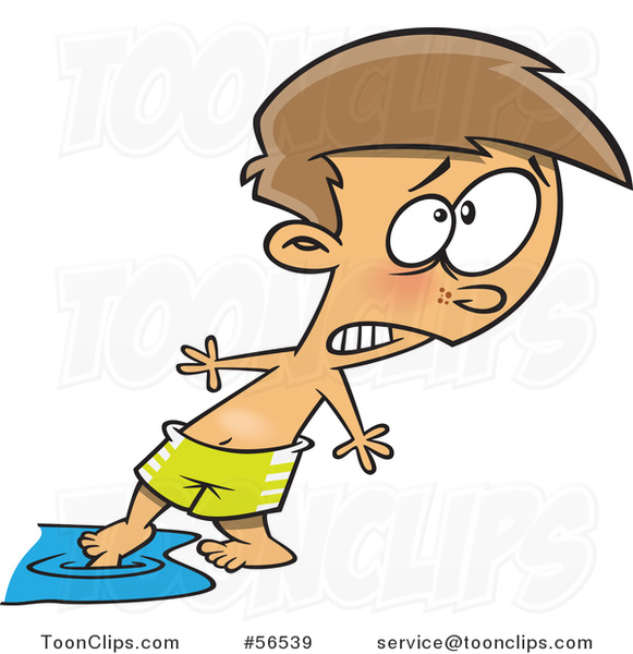 Cartoon White Swimmer Boy Testing the Water with His Toe