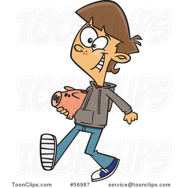 Cartoon White Teenage Boy Walking with a Piggy Bank
