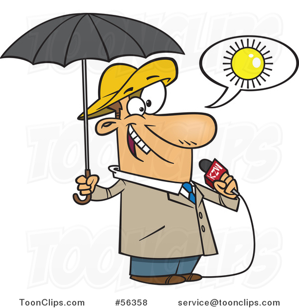 Cartoon White Weather Guy Lying About Sunny Weather but Ready for Rain