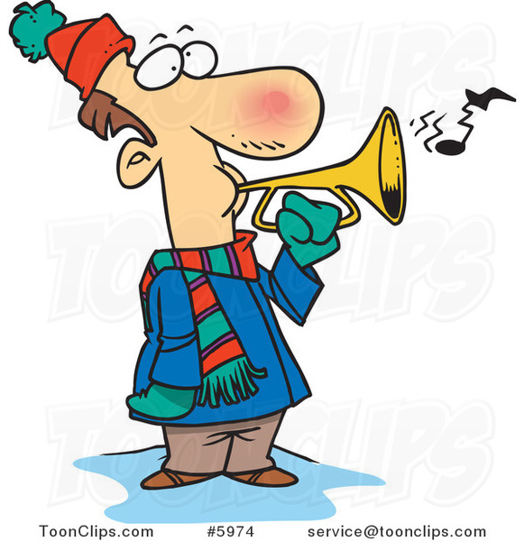 Cartoon Winter Guy Playing a Horn