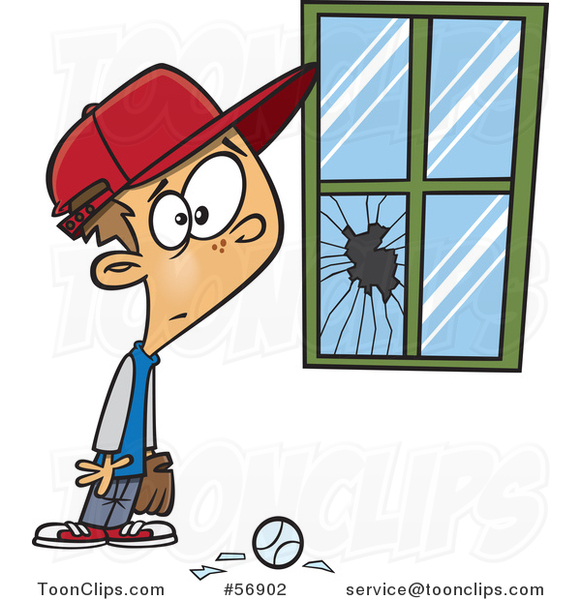 Cartoon Worried White Boy Standing Next to a Window Broken by a Baseball