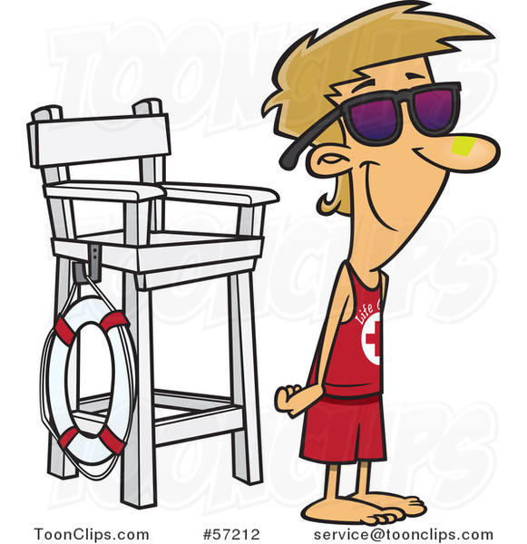 Cartoon Young White Lifeguard Wearing Sun Block on His Nose and Standing by a Chair