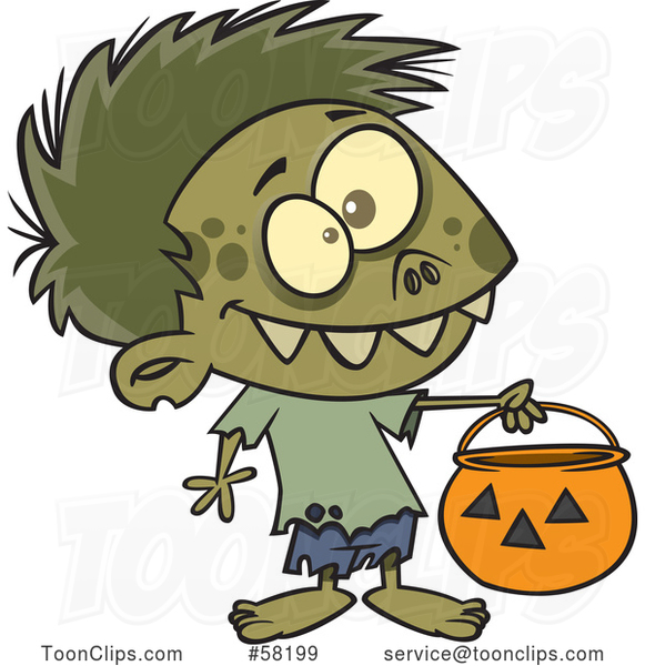Cartoon Zombie Boy in a Bear Halloween Costume, Holding out a Trick or Treat Pumpkin Bucket