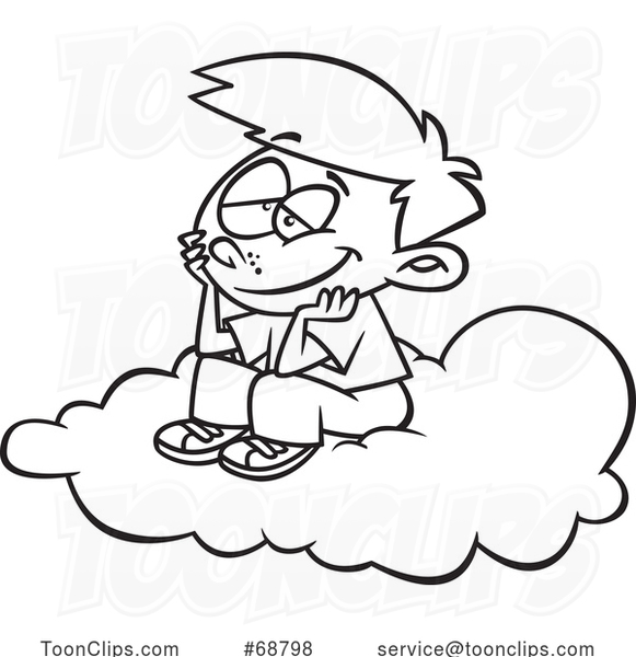 Clipart Cartoon Black and White Boy Daydreaming on a Cloud