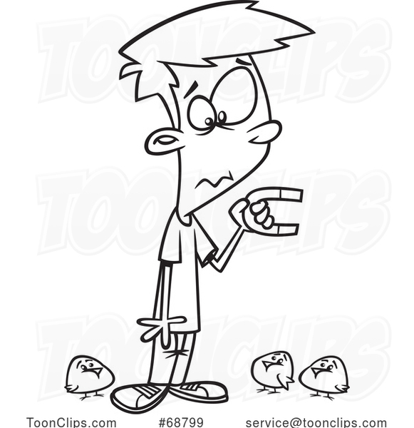Clipart Cartoon Black and White Boy Holding a Magnet and Attracting Chicks