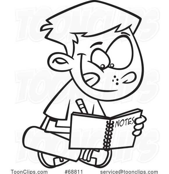 Clipart Cartoon Black and White Boy Writing Notes