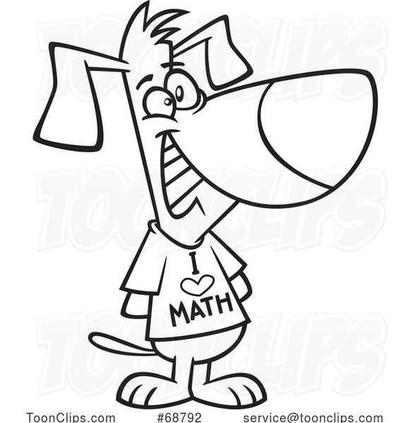 Clipart Cartoon Black and White Dog Wearing an I Love Math Shirt