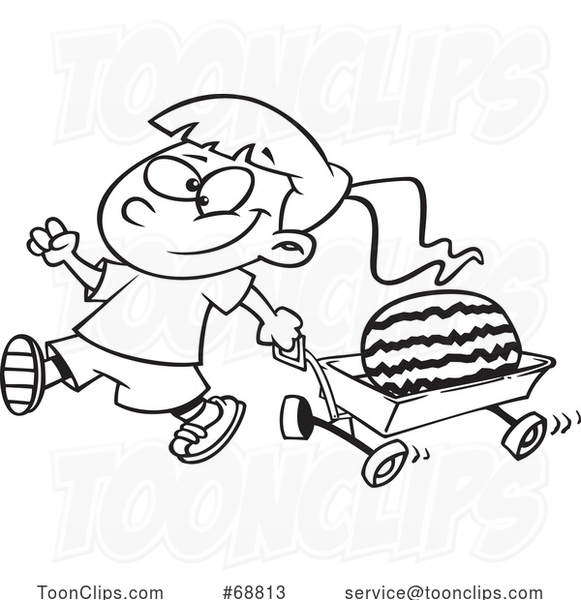 Clipart Cartoon Black and White Girl Pulling a Watermelon in a Wagon