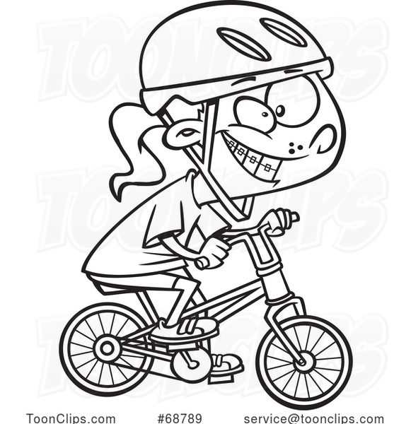 Clipart Cartoon Black and White Girl Riding a Bike #68789 by Ron Leishman