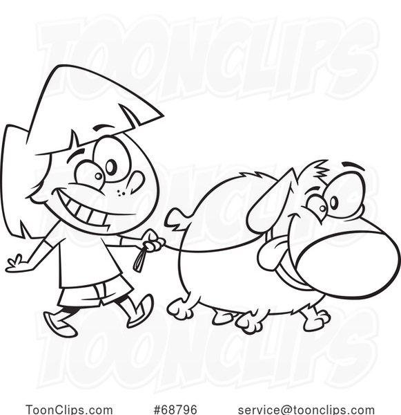 Clipart Cartoon Black and White Girl Walking a Dog