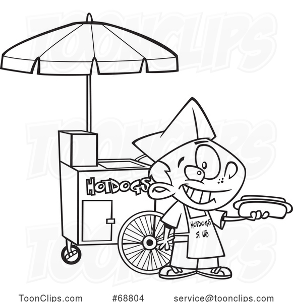 Clipart Cartoon Black and White Hot Dog Vendor Boy
