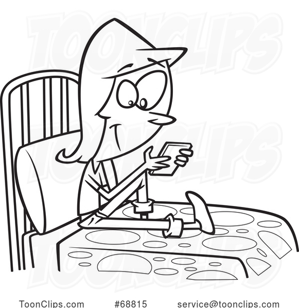 Clipart Cartoon Black and White Teen Girl Texting on Her Bed