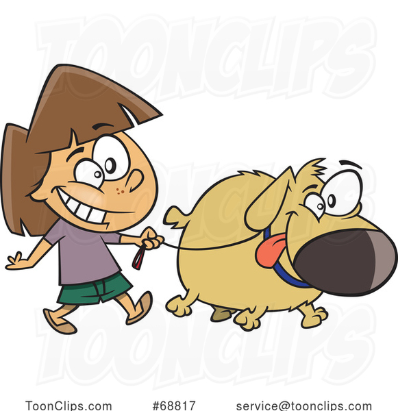 Clipart Cartoon Girl Walking a Dog
