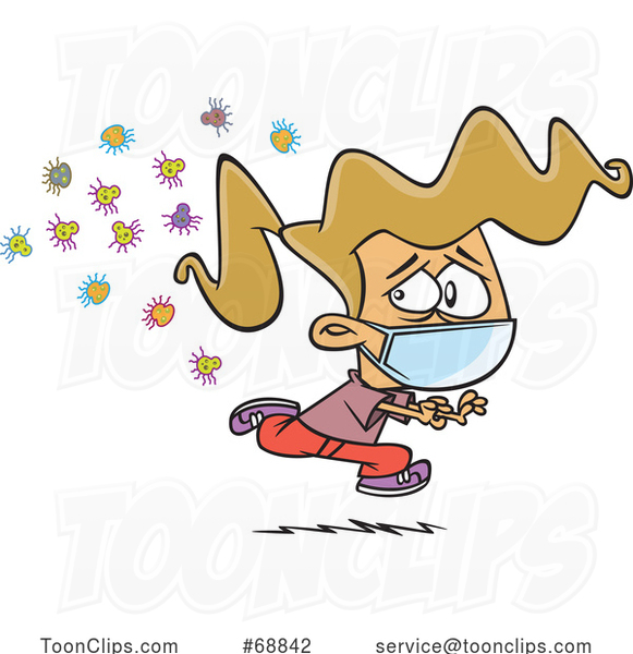 Clipart Cartoon Girl Wearing a Face Mask and Running from Germs #68842 by  Ron Leishman