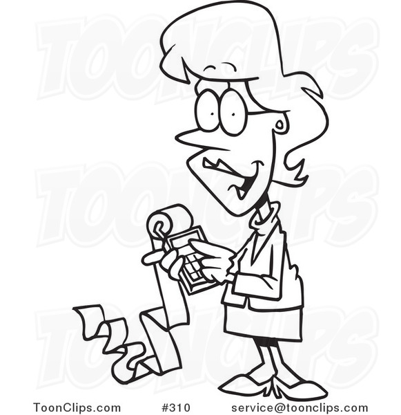 Coloring Page Line Art of a Female Cartoon Accountant Holding a Calculator  with a Long Strip of Paper #310 by Ron Leishman