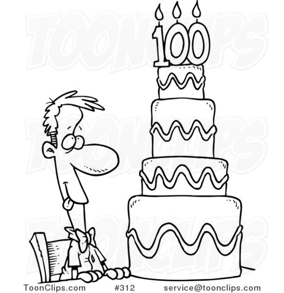 Coloring Page Line Art of a Hungry Cartoon Guy Drooling over a 100 Birthday Cake