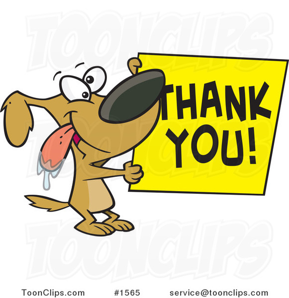 Drooling Cartoon Grateful Dog Holding a Thank You Sign