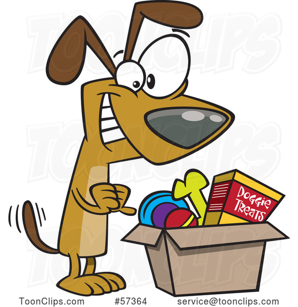 Happy Cartoon Dog Wagging His Tail and Looking in a Surprise Box