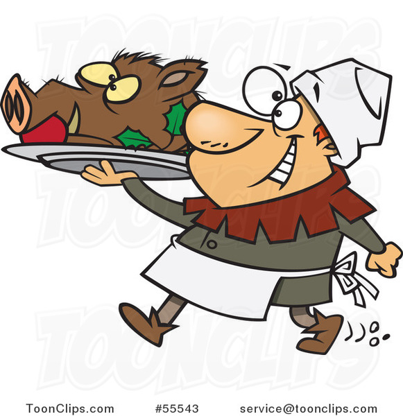 Happy Castle Cook Chef Carrying a Pig Head on a Platter Cartoon