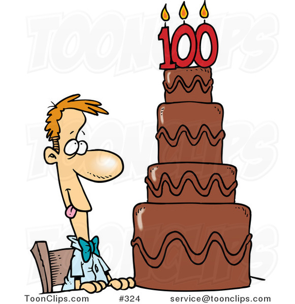 Hungry Cartoon Guy Drooling over a 100 Birthday Cake