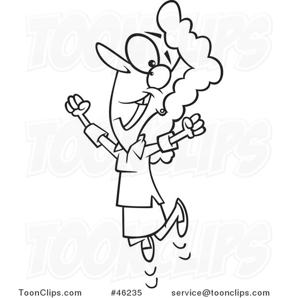 Line Art Cartoon Happy Lady Jumping