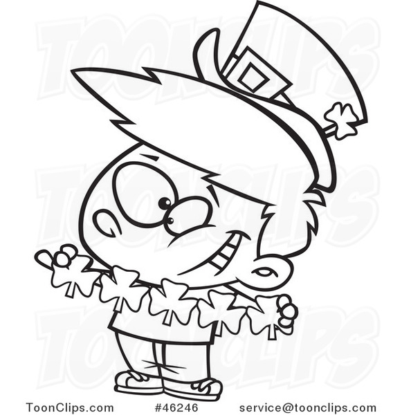 Line Art Cartoon St Patricks Day Leprechaun Boy with Paper Shamrocks