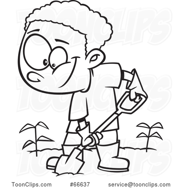 Lineart Cartoon Black Boy Digging in a Garden