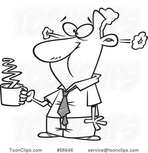 Lineart Cartoon Businessman Steaming After Drinkng Hot Coffee