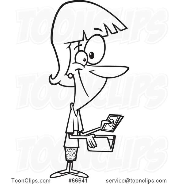 Lineart Cartoon Lady Holding Cash from a Wallet