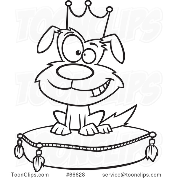 Lineart Cartoon Pampered Dog Wearing a Crown and Sitting on a Pillow