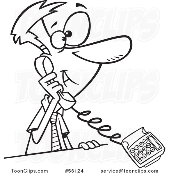 Outline Cartoon Businessman Talking on a Landline Telephone
