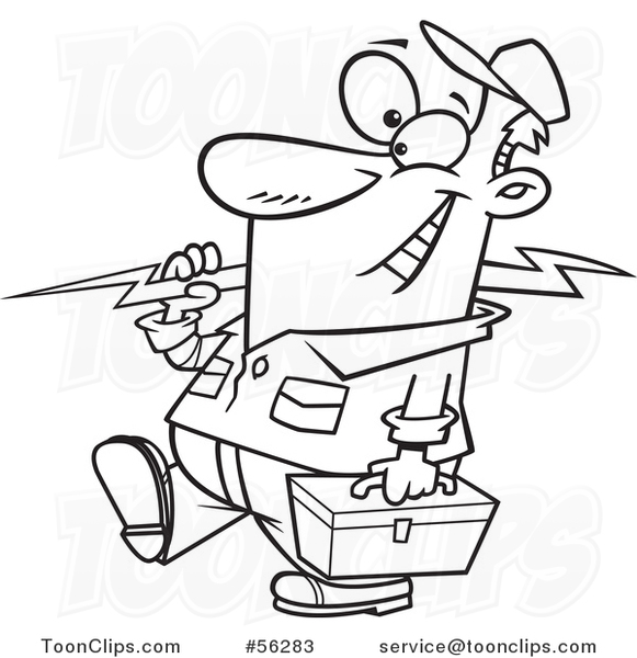 Outline Cartoon Electrician Walking with a Bolt and Tool Box