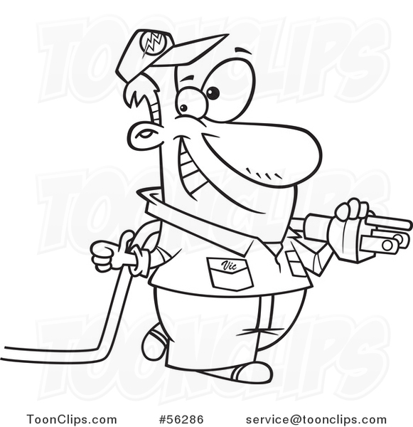 Outline Cartoon Electrician Walking with a Power Cord and Giving a Thumb up