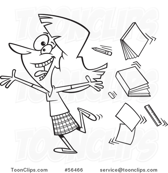 Outline Cartoon Excited Female Teacher Running Gleefully and Throwing up Books