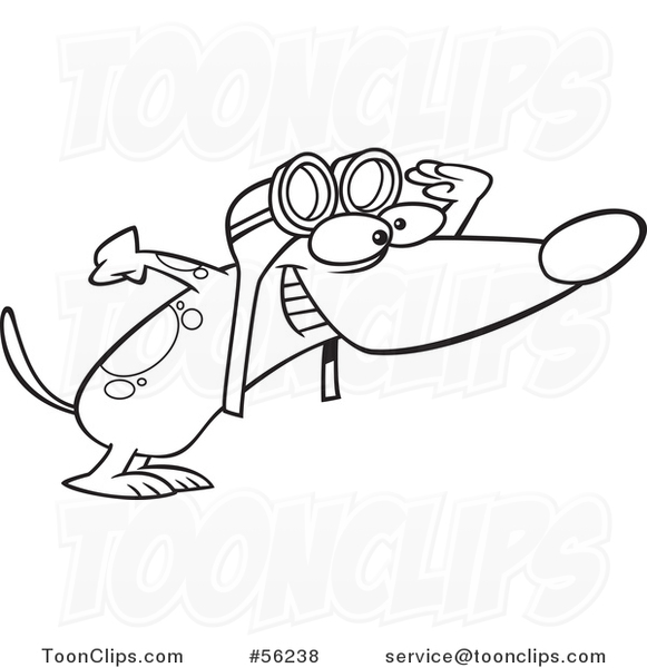 Outline Cartoon Excited Pilot Dog Wearing Goggles and Peering to the Right