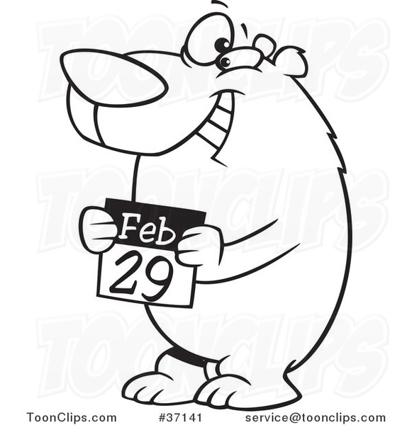 Outline Cartoon Leap Day Bear Holding a February 29th Calendar