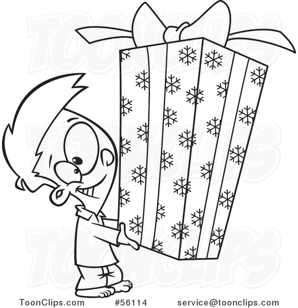 Outline Cartoon Little Boy Holding a Big Christmas Gift
