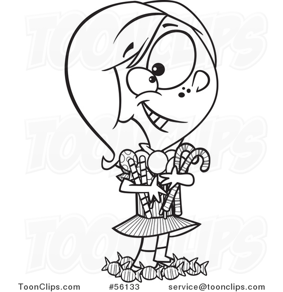 Outline Cartoon Little Girl Hugging and Standing in Her Candy Stash