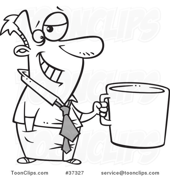 Outlined Cartoon Business Man Grinning and Holding a Giant Coffee Mug