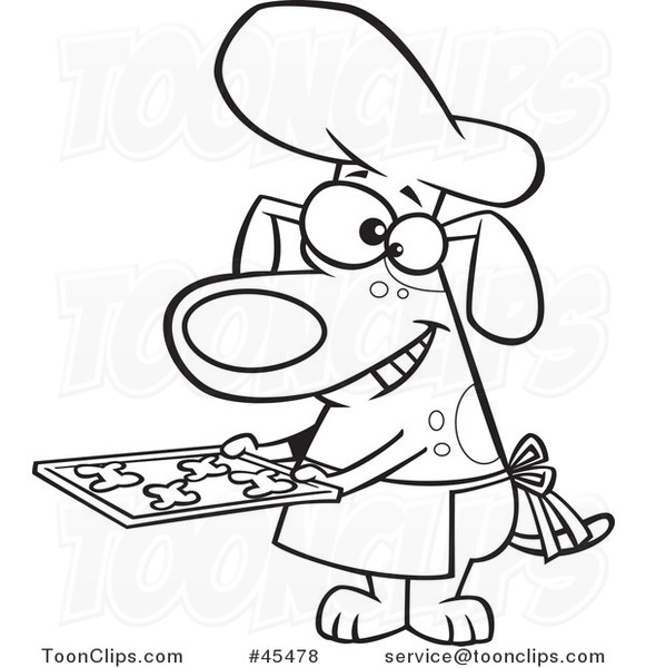 Outlined Cartoon Chef Dog Holding Fresh Baked Biscuits on a Tray