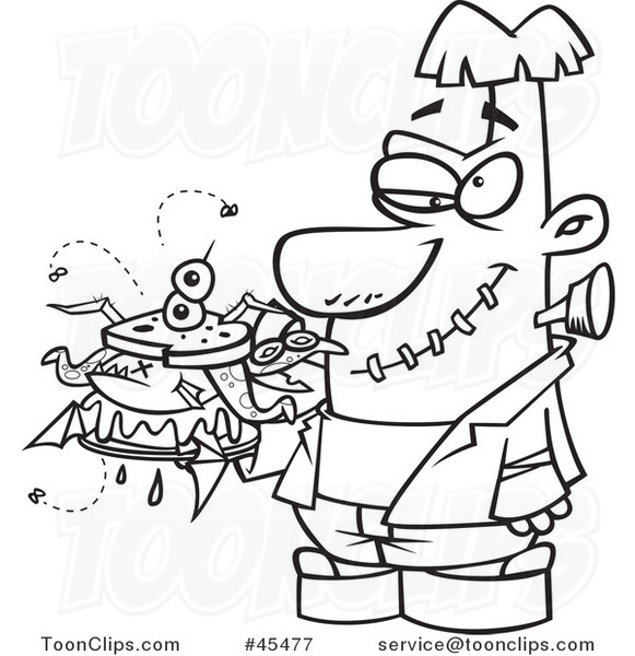 Outlined Cartoon Frankenstein Holding a Bad Sandwich