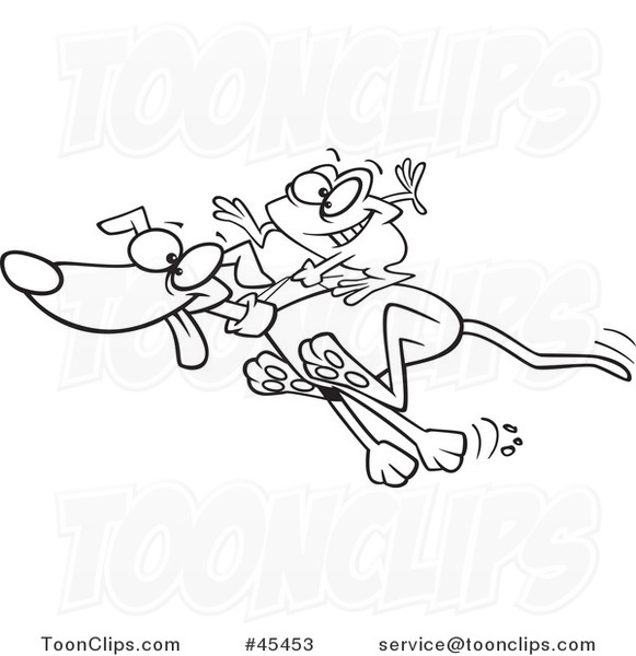 Outlined Cartoon Frog Riding on a Running Dog