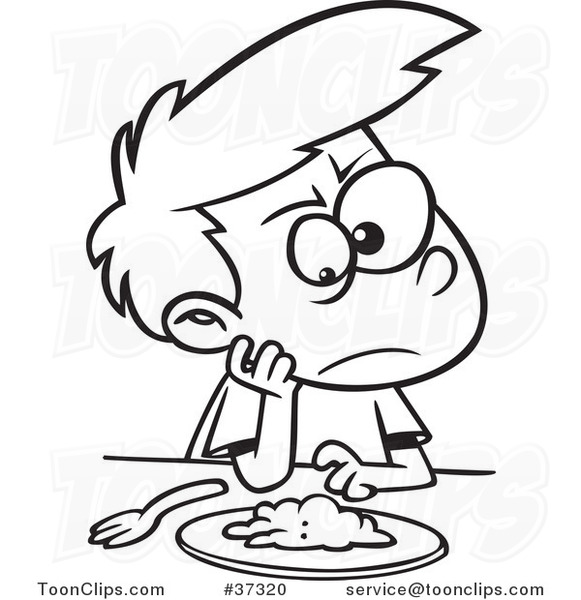 Outlined Cartoon Picky Eater Boy Staring down Greens